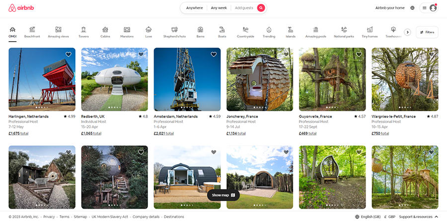 Screenshot of Airbnb discovery page